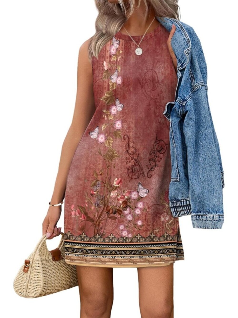Women's Floral Pink Summer Casual Dress Crewneck Sleeveless Tank Dresses